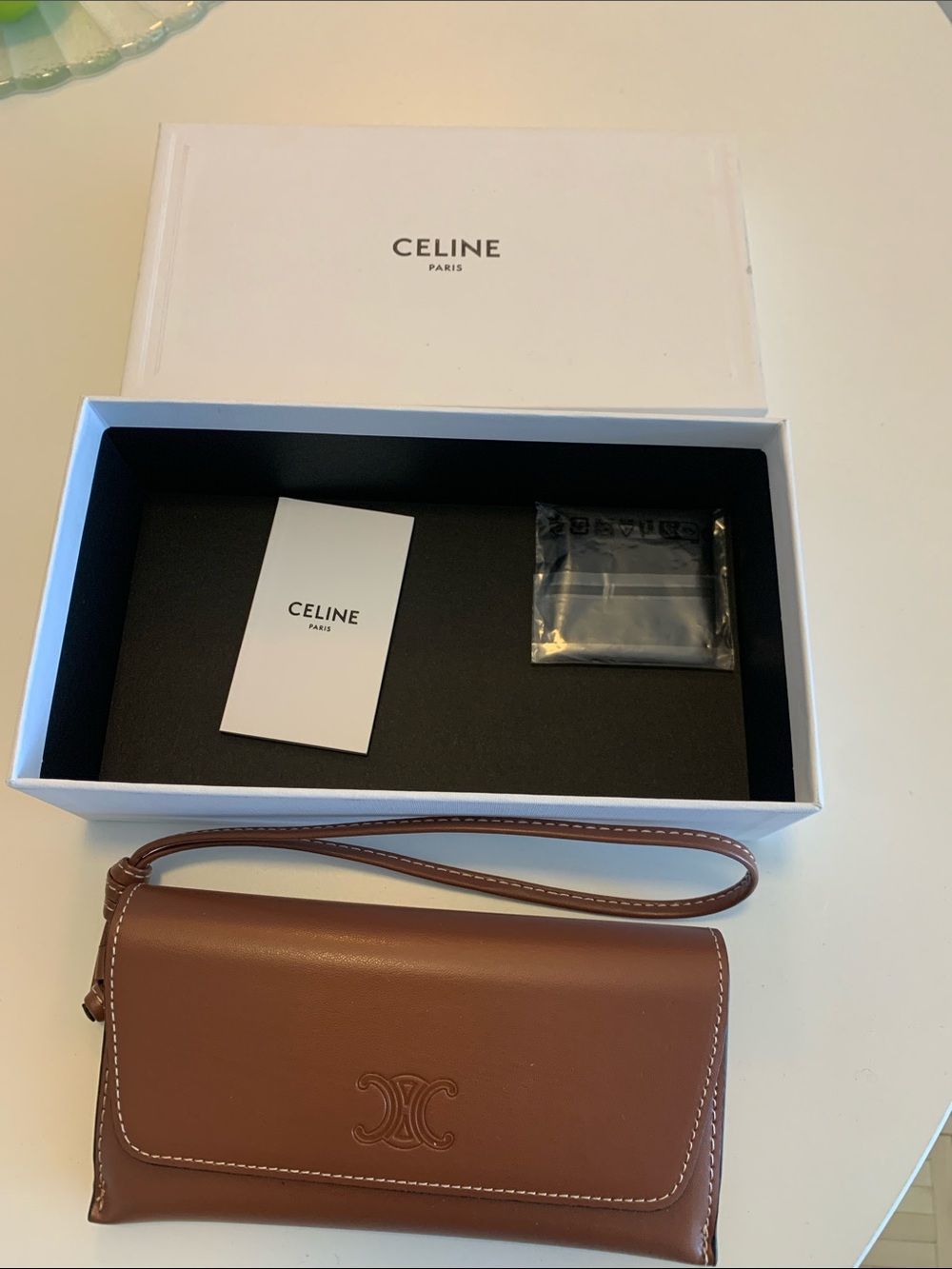 Celine Tan Leather Wristlet Clutch with Embossed Logo